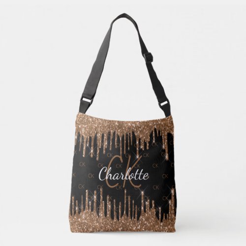 Black gold glitter drips monogram elegant crossbody bag