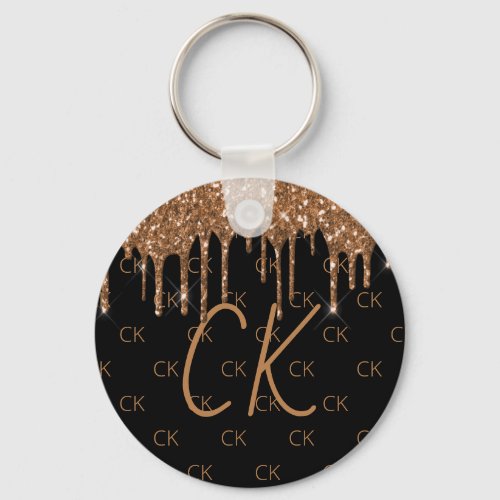 Black gold glitter drips monogram initials keychain