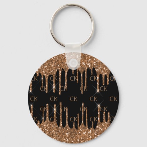 Black gold glitter drips monogram initials  keychain