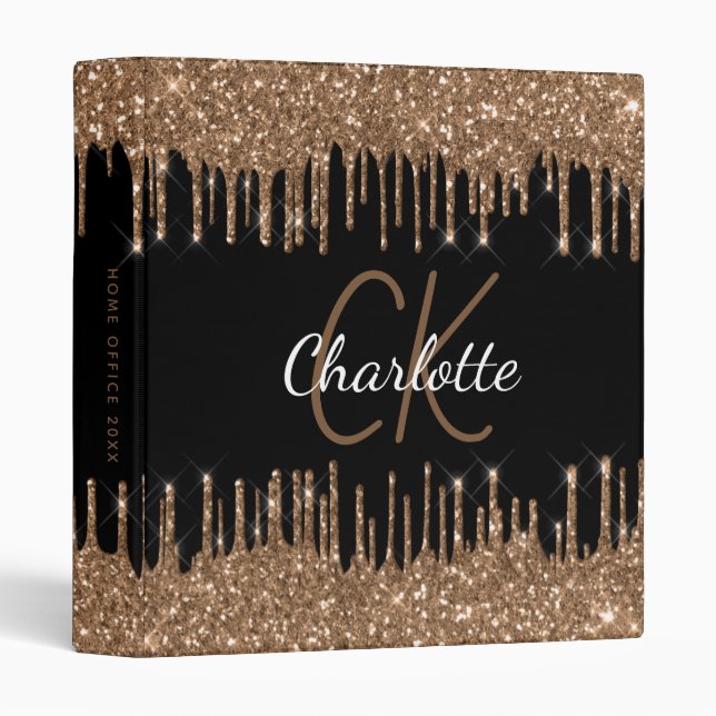 Black gold glitter drips monogram initials name 3 ring binder (Front/Spine)