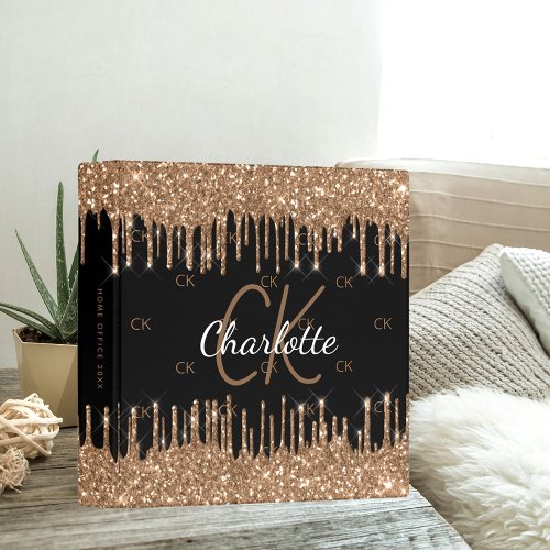 Black gold glitter drips monogram initials name  3 ring binder