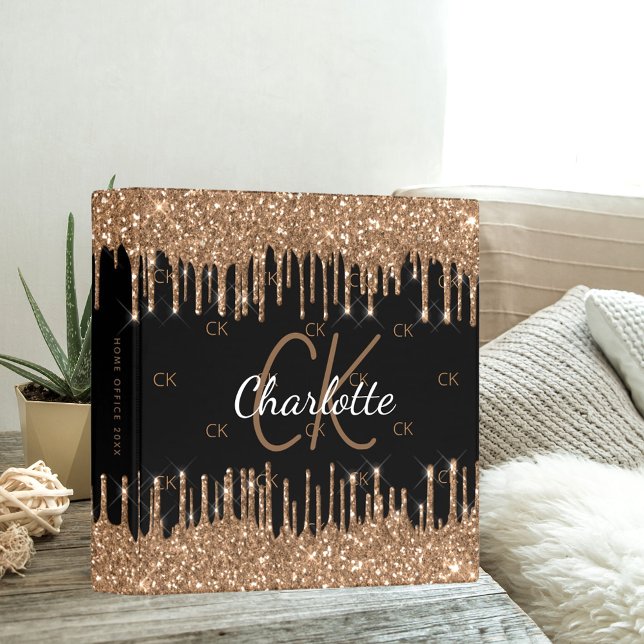 Black gold glitter drips monogram initials name  3 ring binder (Creator Uploaded)