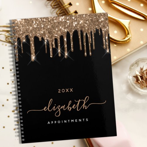 Black gold glitter drips monogram name 2024 planner