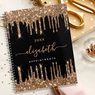 Black gold glitter drips monogram name 2027 planner