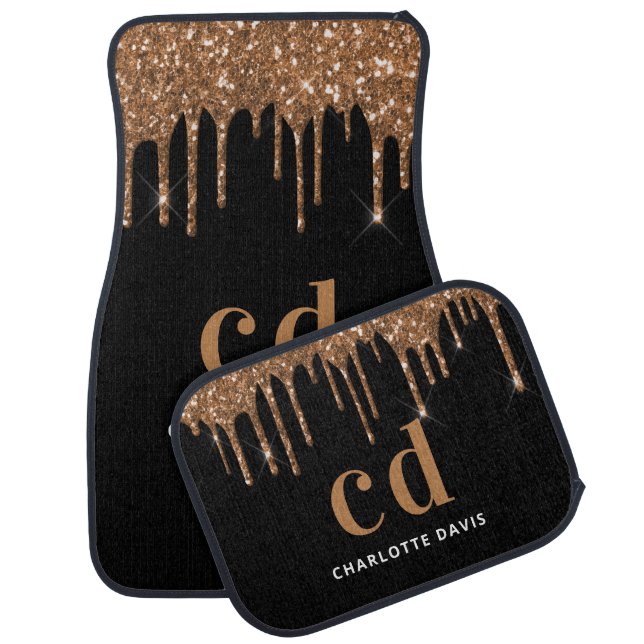 Black gold glitter drips monogram name car floor mat (Set)