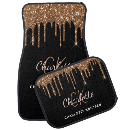 Black gold glitter drips monogram name car floor mat