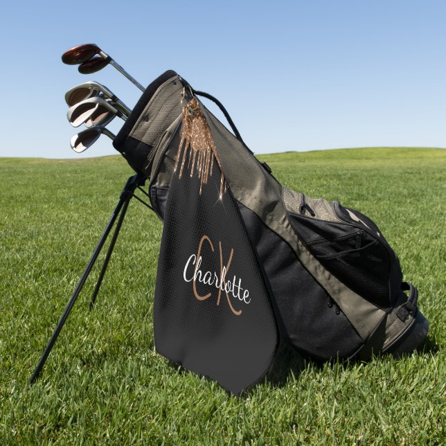 Black gold glitter drips monogram name golf towel (Green)