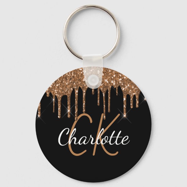Black gold glitter drips monogram name keychain (Front)