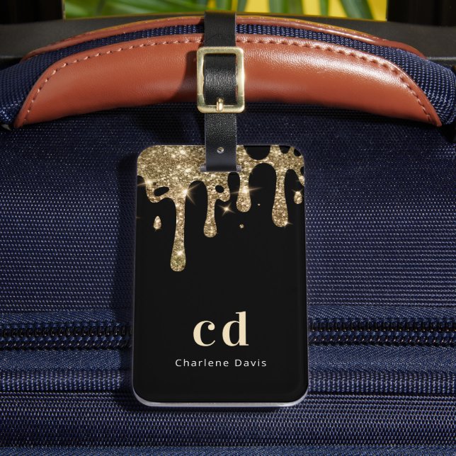 Black gold glitter drips monogram name luggage tag (Front Insitu 2)