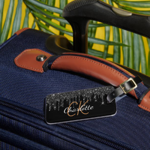 Black gold glitter drips monogram name luggage tag