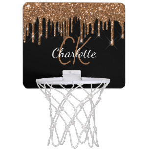 Black gold glitter drips monogram name mini basketball hoop