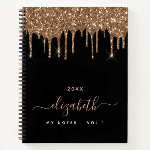 Black gold glitter drips monogram name notebook