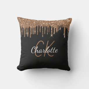 Black gold glitter drips monogram name outdoor pillow