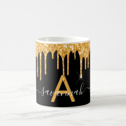 Black gold glitter drips monogram name script coffee mug