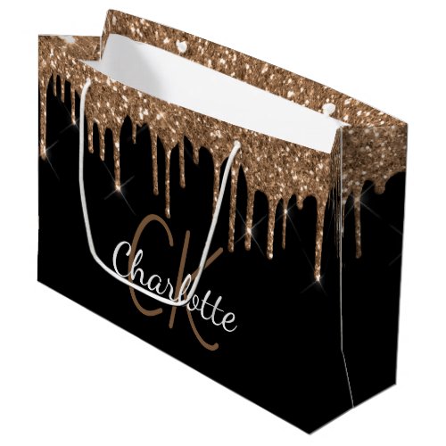 Black gold glitter drips monogram name script large gift bag