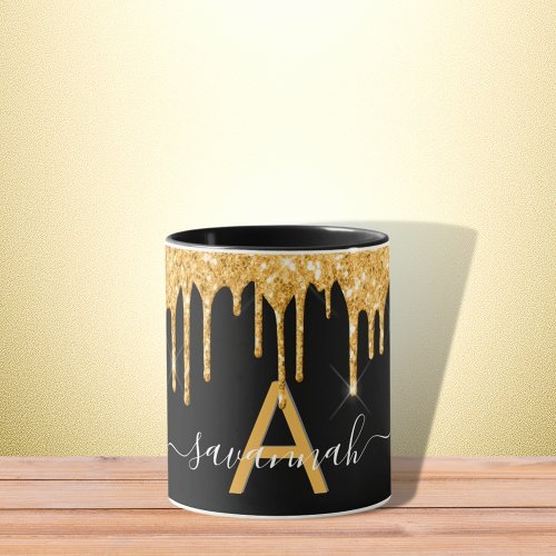 Black gold glitter drips monogram name script mug