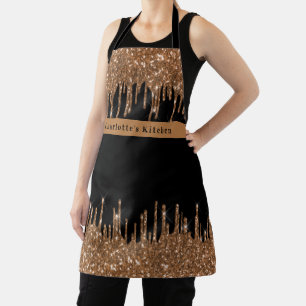 Black gold glitter drips monogram name text apron