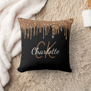 Black gold glitter drips monogram name throw pillow