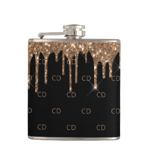Black gold glitter drips monogram pattern flask