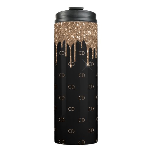 Black gold glitter drips monogram pattern thermal tumbler