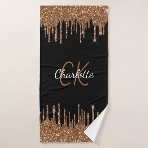 Black gold glitter drips monogram script elegant bath towel