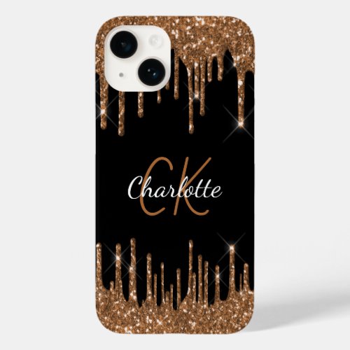 Black gold glitter drips monogram script elegant Case_Mate iPhone 14 case