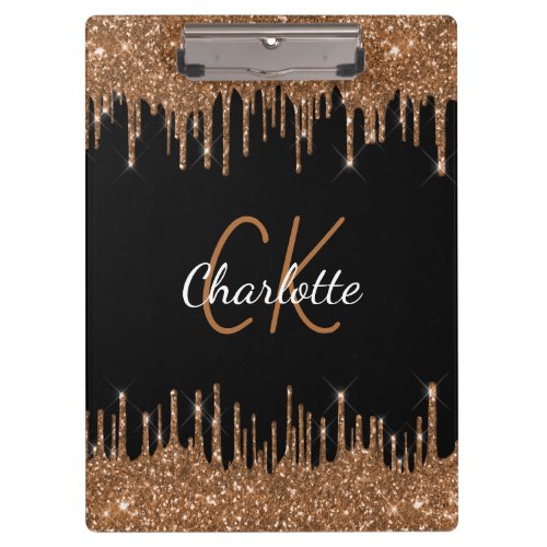 Black gold glitter drips monogram script elegant clipboard