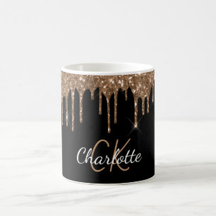 Black gold glitter drips monogram script elegant coffee mug