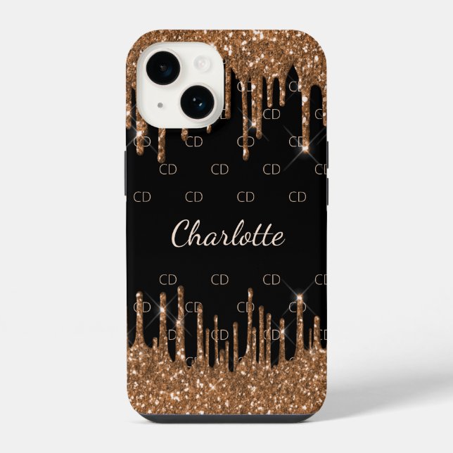 Black gold glitter drips monogram script elegant iphone case (Back)