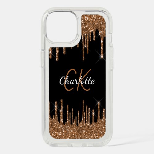 Black gold glitter drips monogram script elegant iPhone 15 case