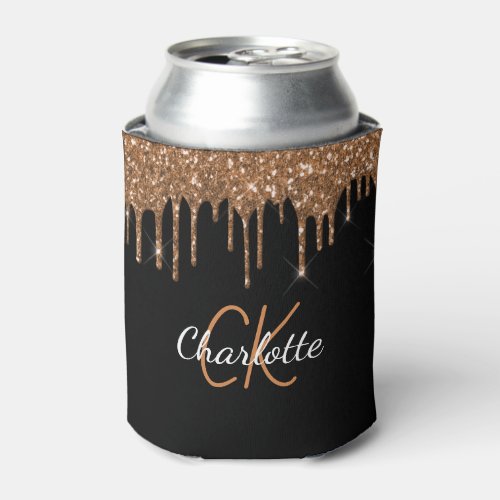 Black gold glitter drips monogram sparkle can cooler