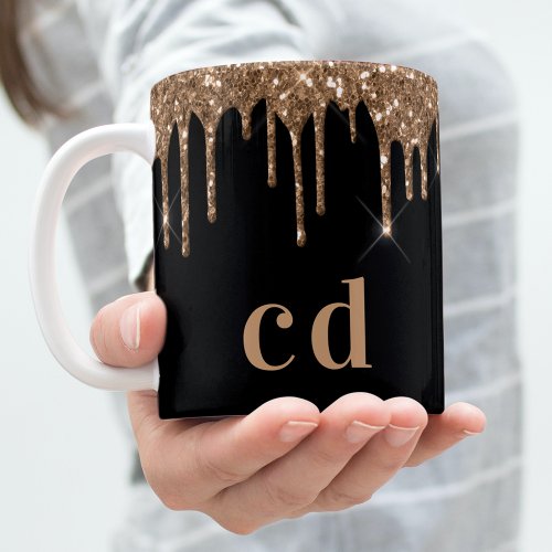 Black gold glitter drips monogram sparkle elegant coffee mug