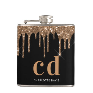 Black gold glitter drips monogram sparkle elegant flask