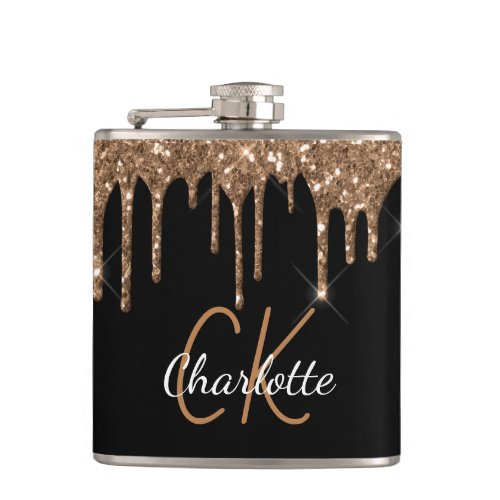 Black gold glitter drips monogram sparkle elegant flask