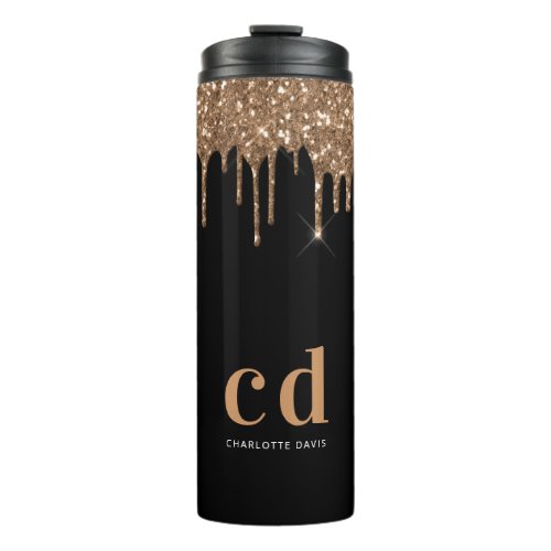 Black gold glitter drips monogram sparkle elegant thermal tumbler