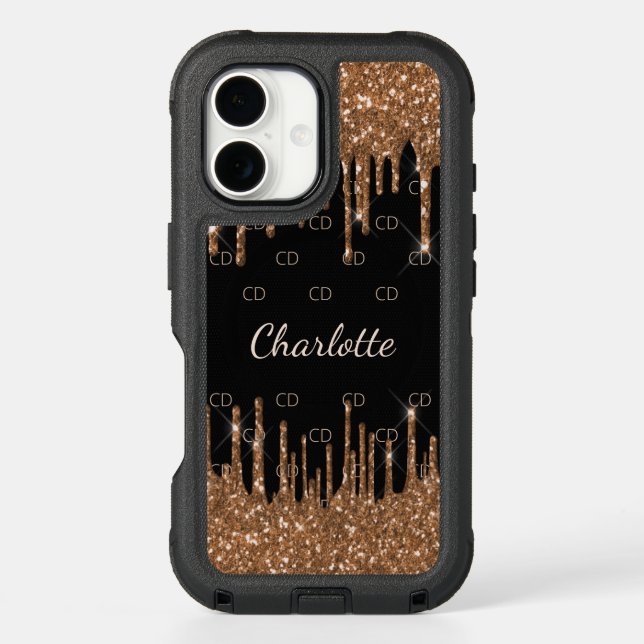 Black gold glitter drips name script elegant otterbox iPhone case (Back)