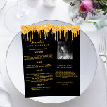 Black gold glitter drips photo Bio Meny card<br><div class="desc">Personalize and add your name,  date,  event and the menu. Black background,  decorated with faux gold glitter drips.
Back: add a photo,  BIO/Fun facts</div>