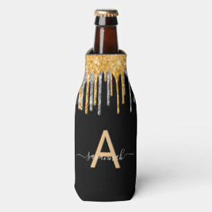 Black gold glitter drips silver monogram name bottle cooler