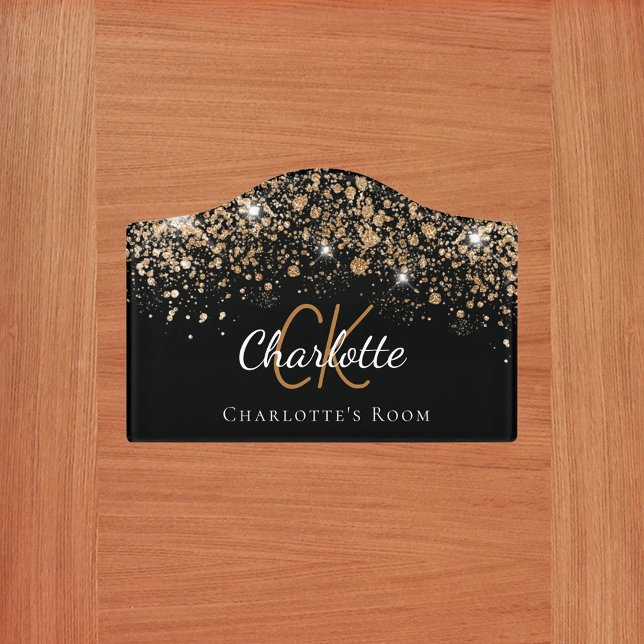 Black gold glitter dust custom monogram door sign (Creator Uploaded)