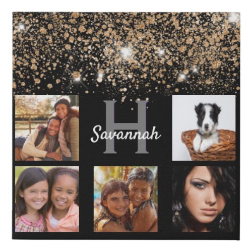 Black gold glitter dust custom photo collage name faux canvas print