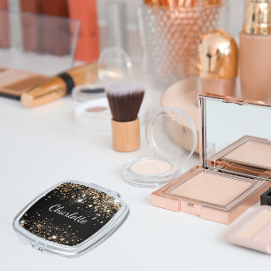 Black gold glitter dust monogram name compact mirror