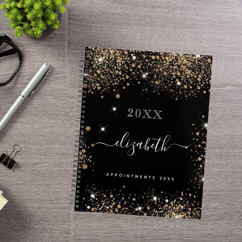 Black gold glitter dust monogram name script 2025 planner