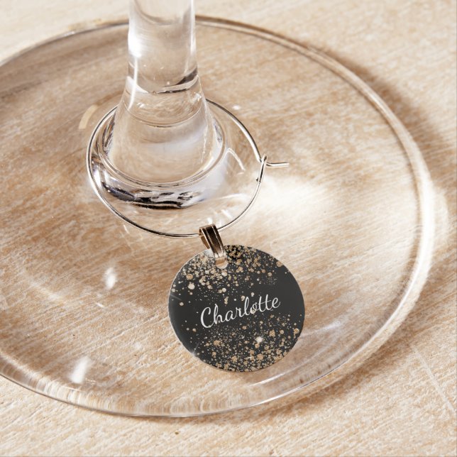 Black gold glitter dust name birthday wine charm (In Situ)