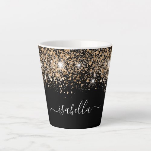 Black gold glitter dust name glam script latte mug