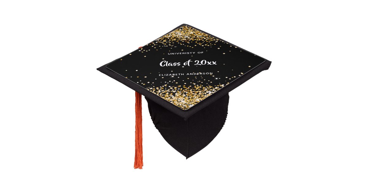 Black gold glitter dust name school graduation cap topper | Zazzle