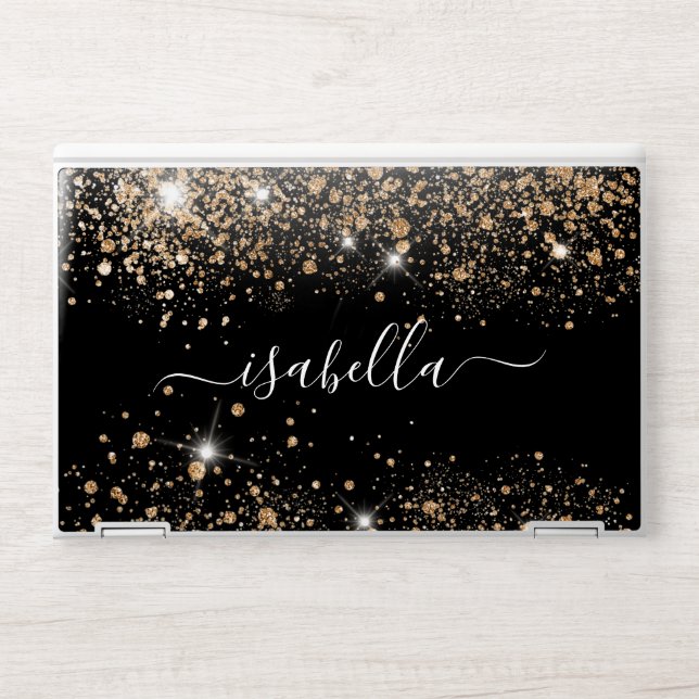 Black gold glitter dust name script HP laptop skin (Front)