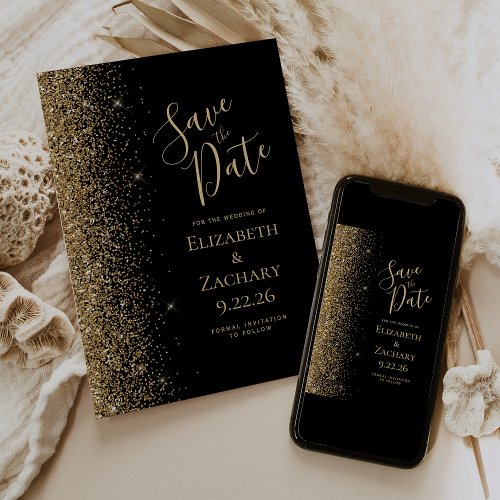Black Gold Glitter Edge Save the Date Announcement