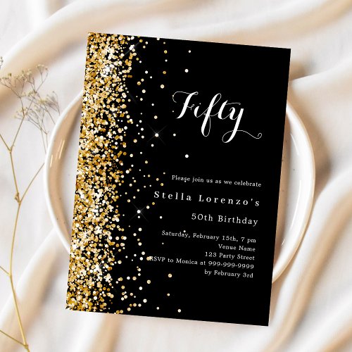 Black gold glitter elegant birthday invitation