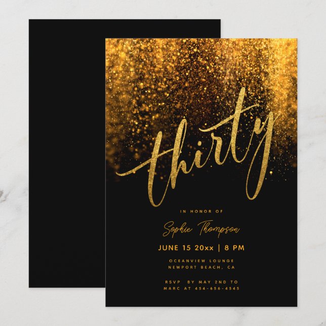 Black Gold Glitter Elegant Modern 30th Birthday Invitation (Front/Back)