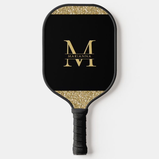Black Gold Glitter Elegant Monogram Personalized Pickleball Paddle (Front)